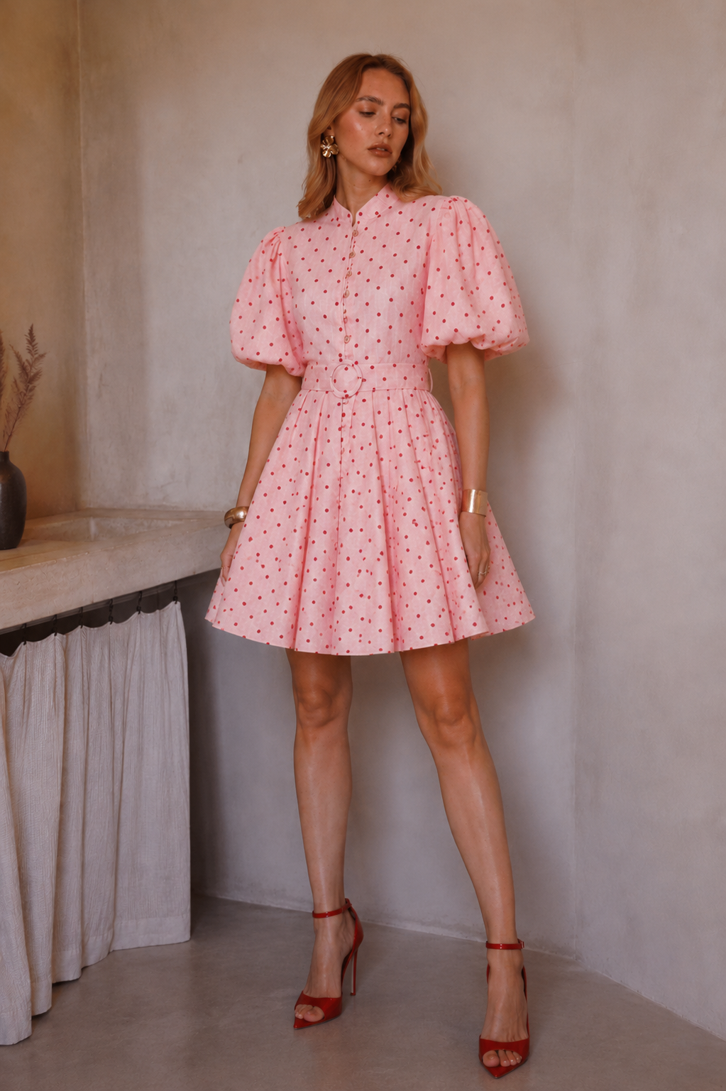 Lucy pink red polka dot puff sleeve