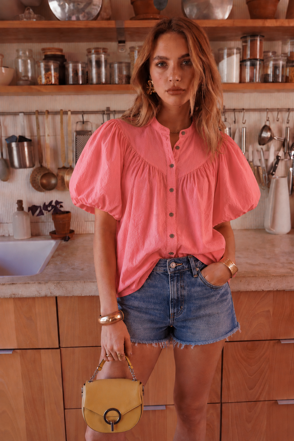 Ella neon coral puff sleeve blouse