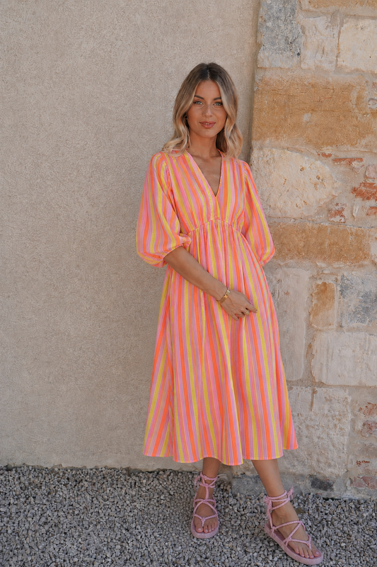 Rachel coral stripe cheesecloth dress