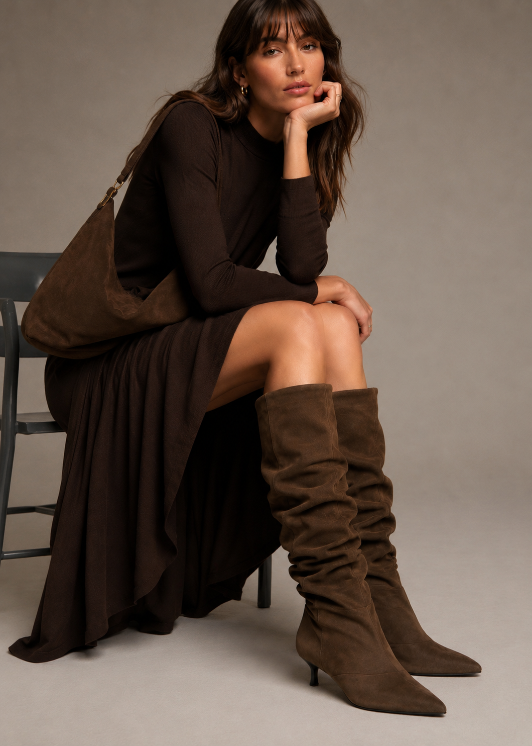 Brown suede slouchy knee high boots