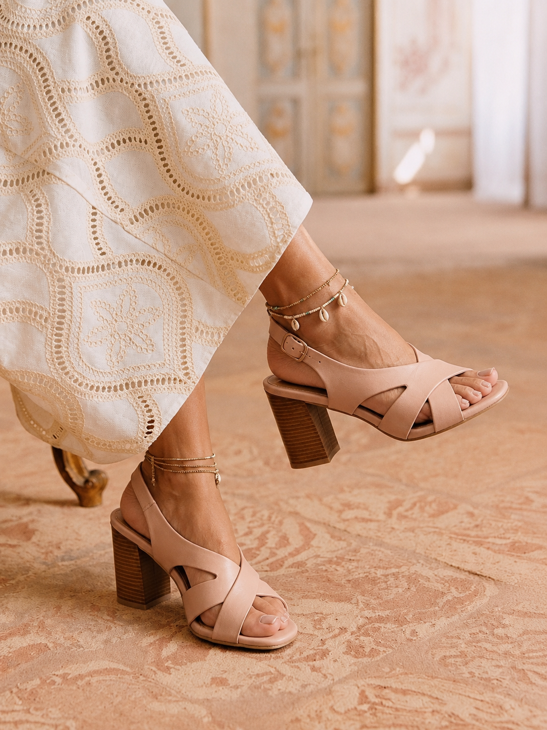 Nude wooden block heel sandals