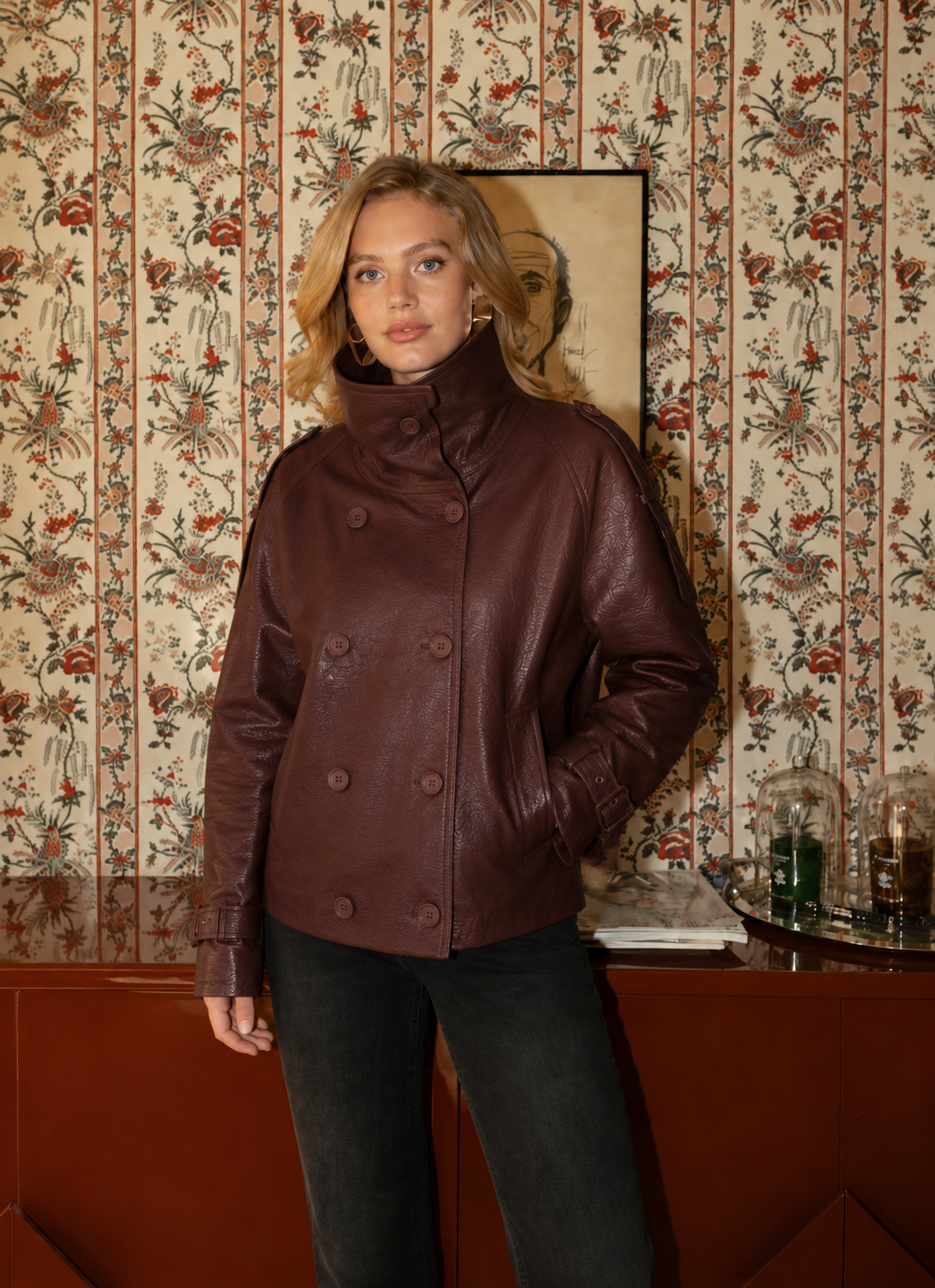 Margot burgundy leather funnel neck jacket