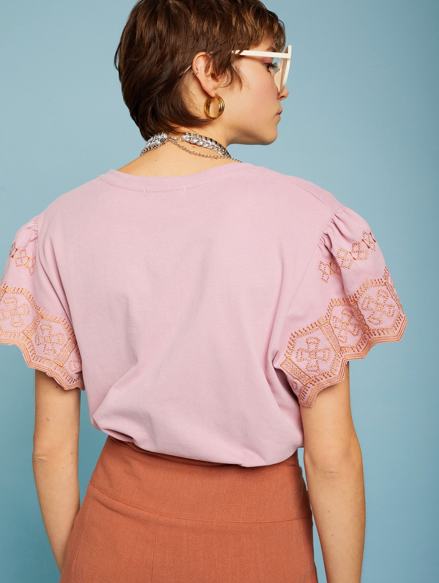 Pink Embroidered sleeve t-shirt