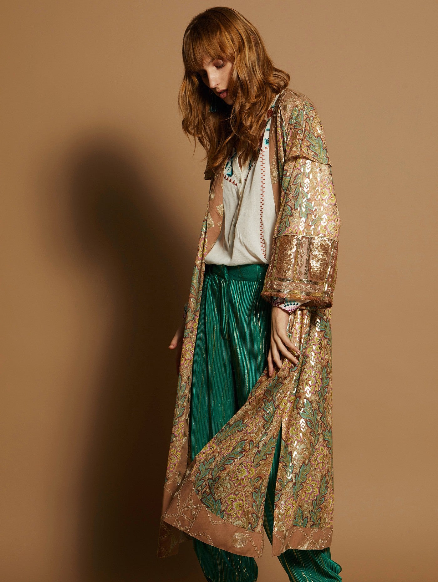 Printed bi-material caftan