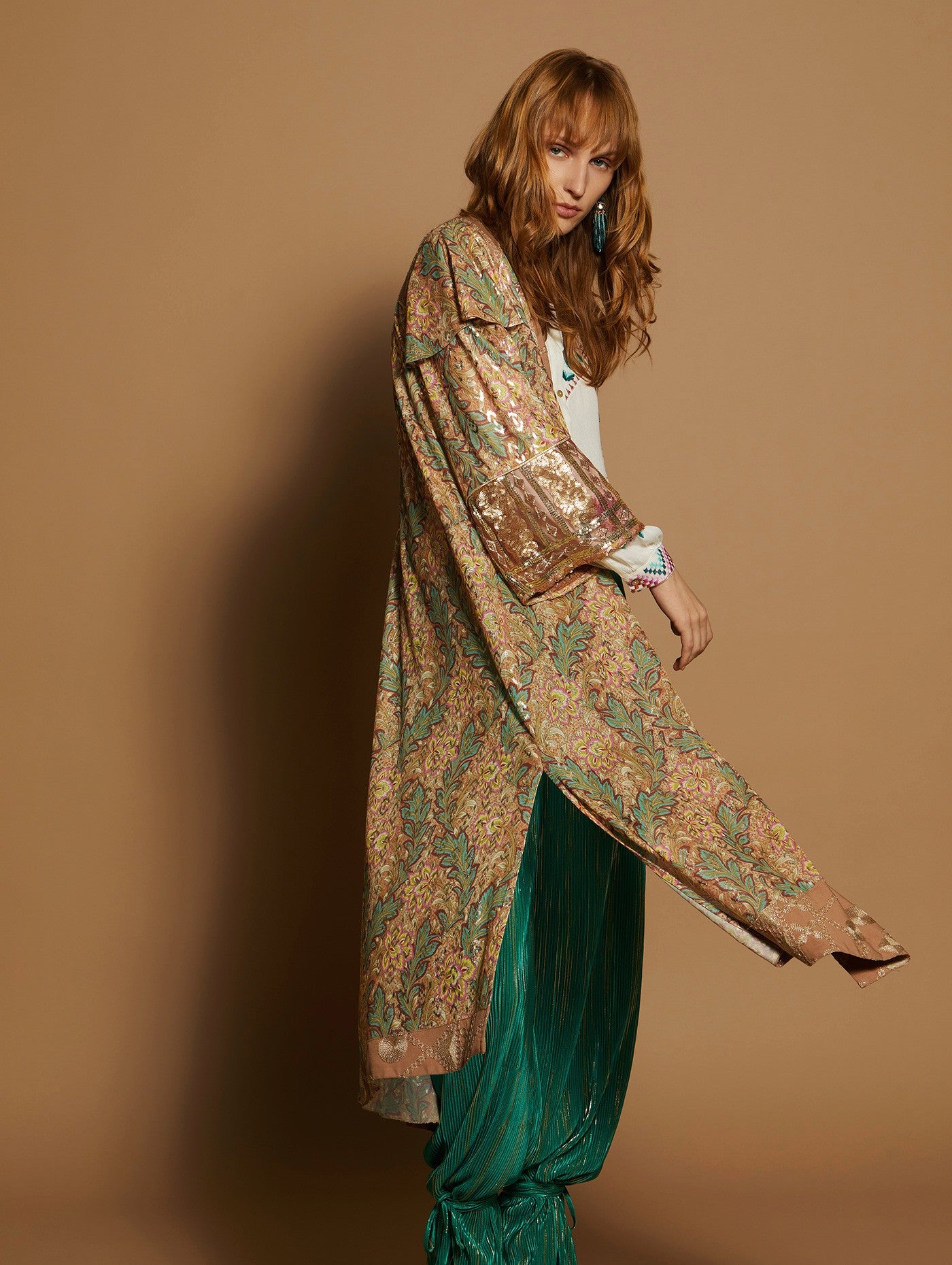 Printed bi-material caftan