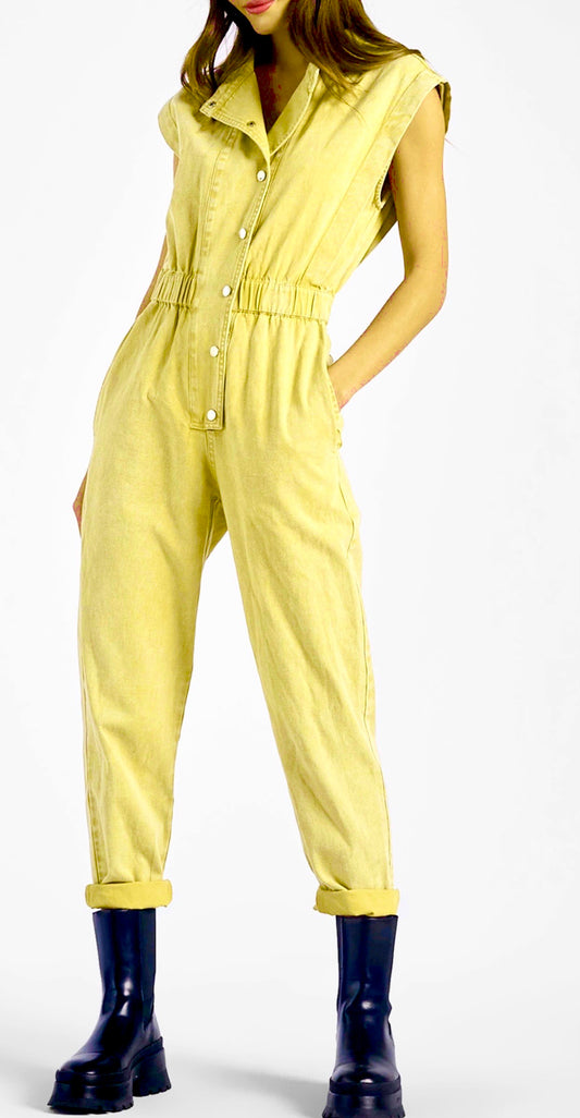 Evie short sleeve light wash yellow denim jumpsuit