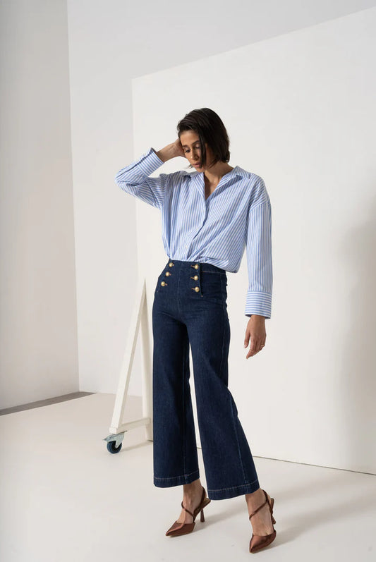 Dark blue wide leg jeans with front gold buttons