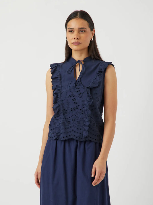 YAS navy sleeveless embroidered blouse