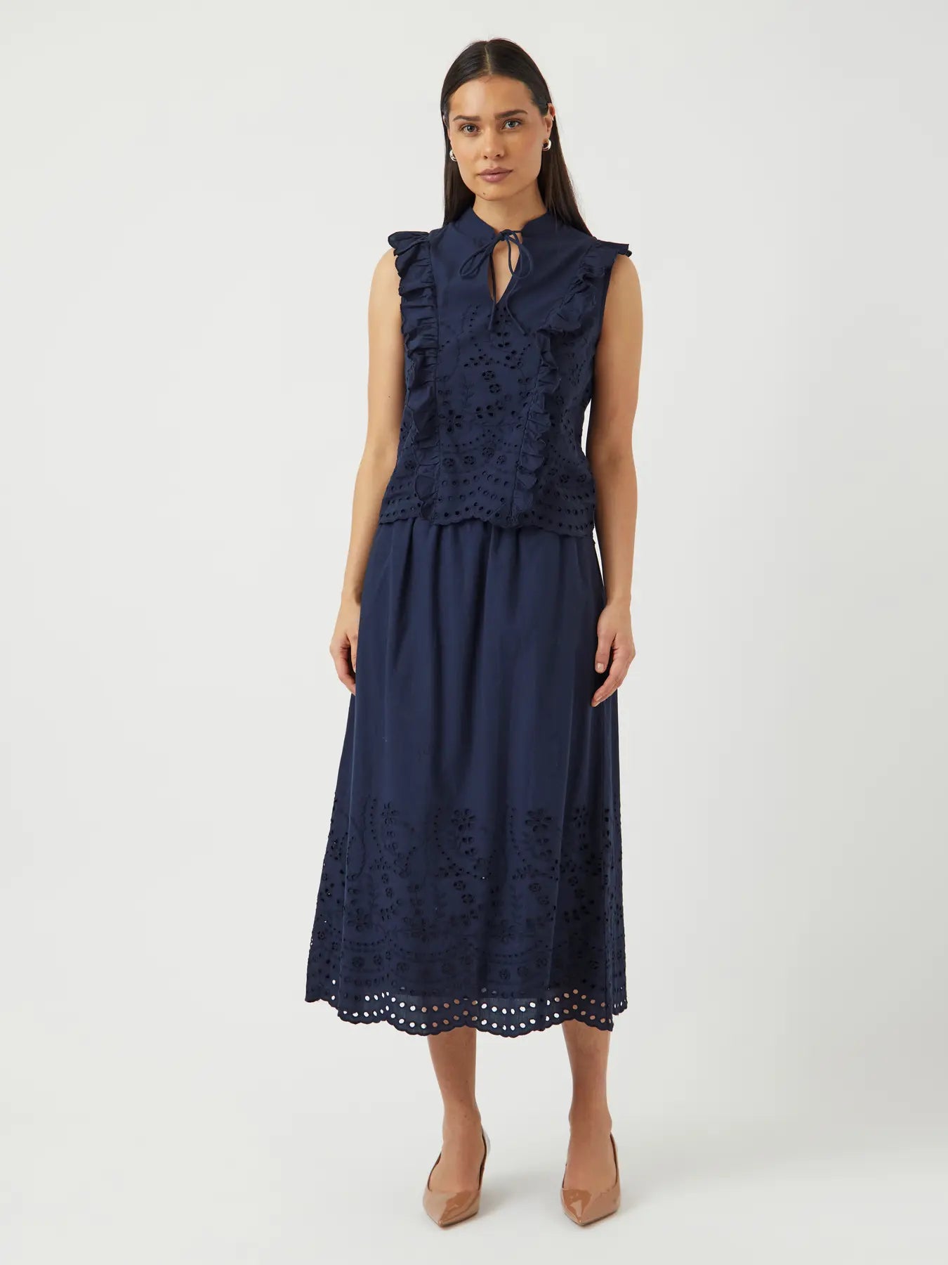 YAS navy sleeveless embroidered blouse