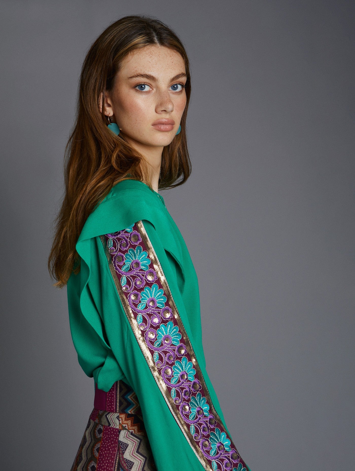 Embroidered sequin sleeve blouse