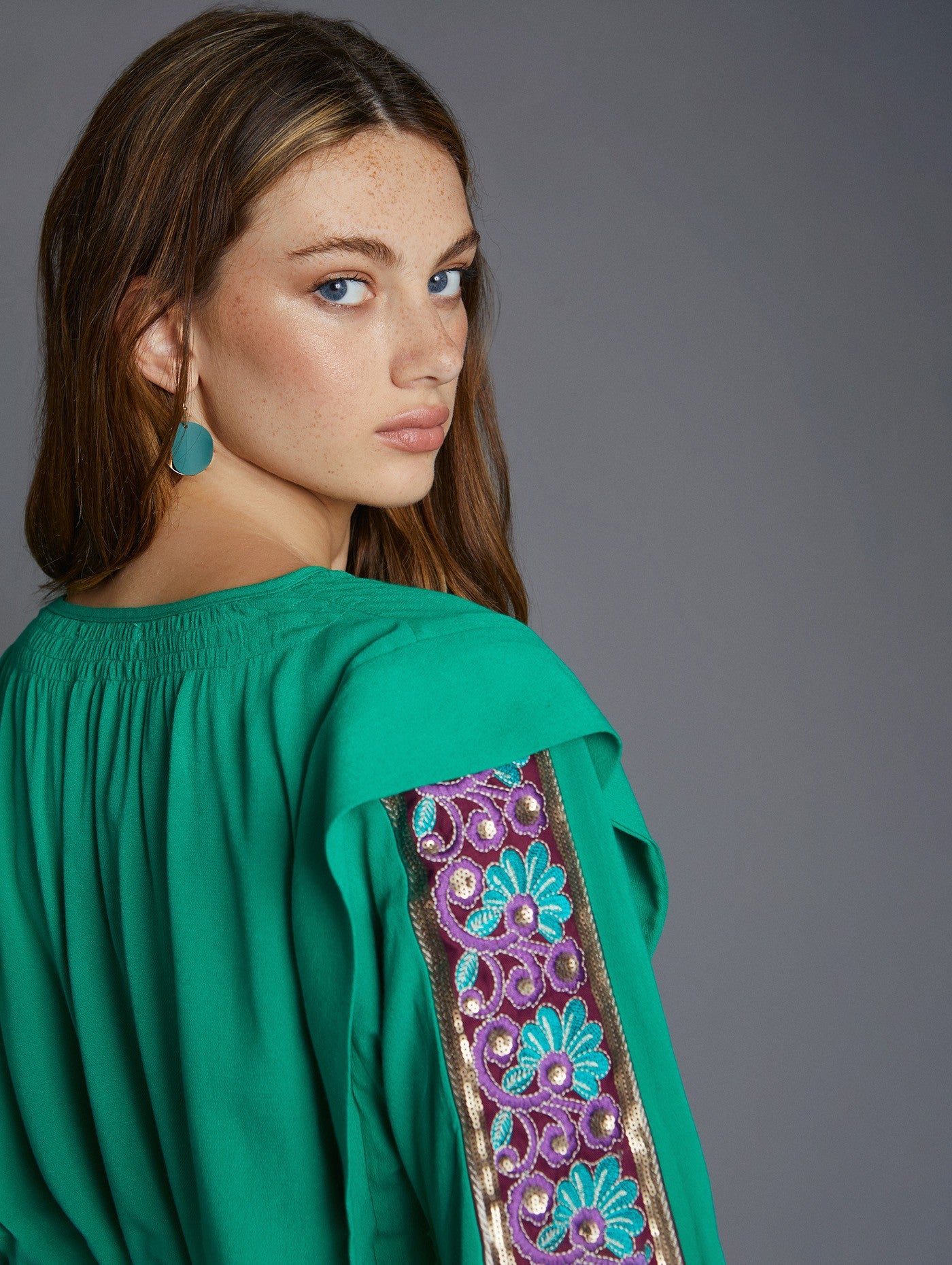 Embroidered sequin sleeve blouse