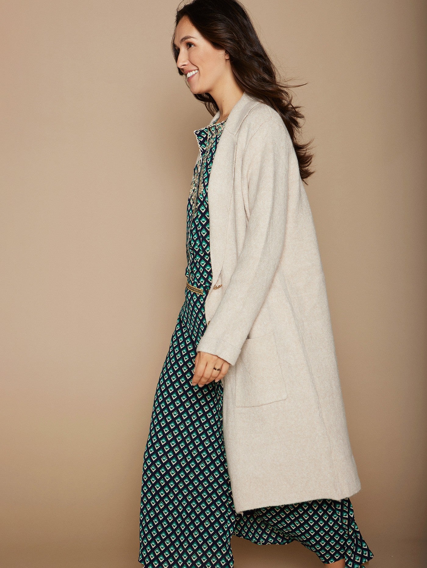 Long oatmeal cardigan with gold buttons