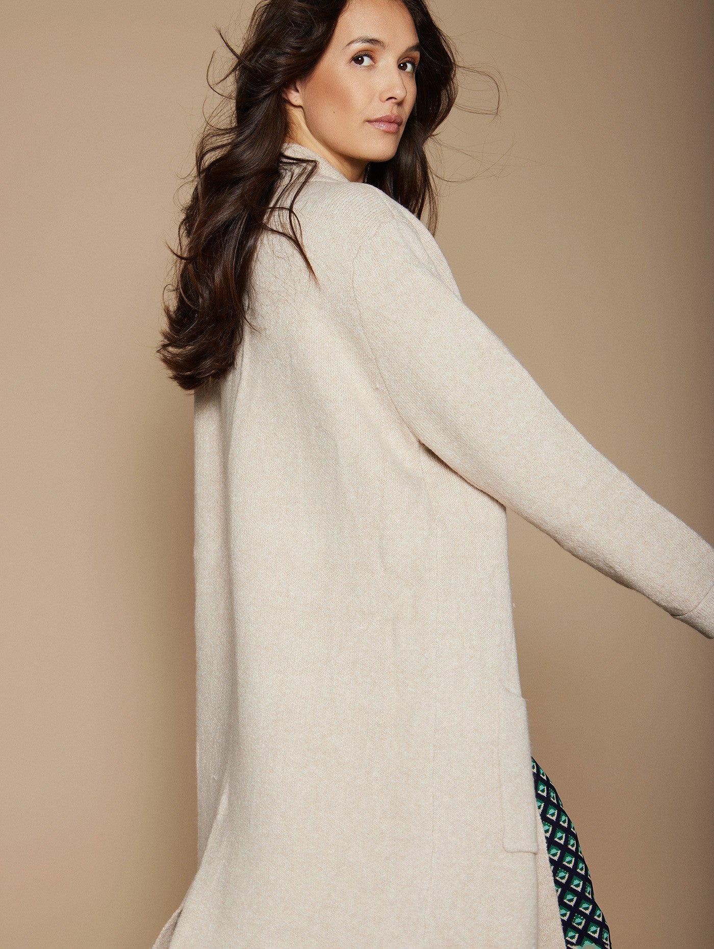 Long oatmeal cardigan with gold buttons