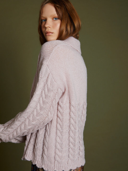 Lilac cable knit jumper with collar