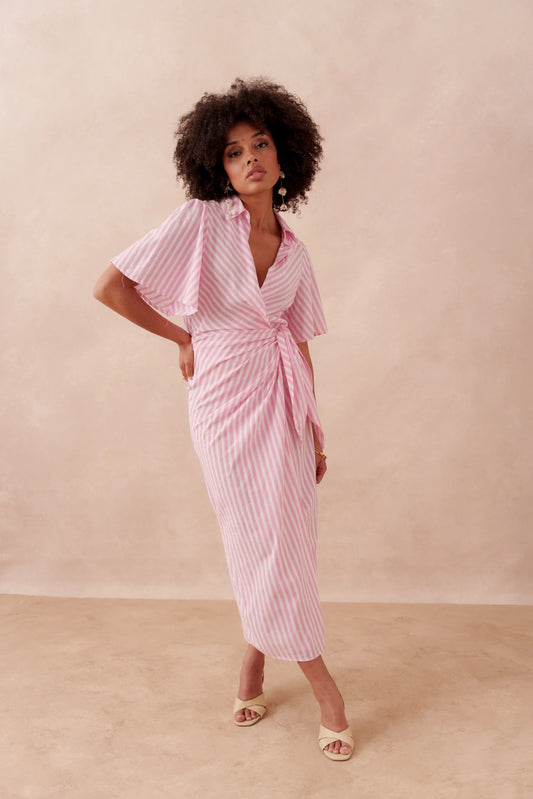(Preorder) Ania pink striped wrap dress
