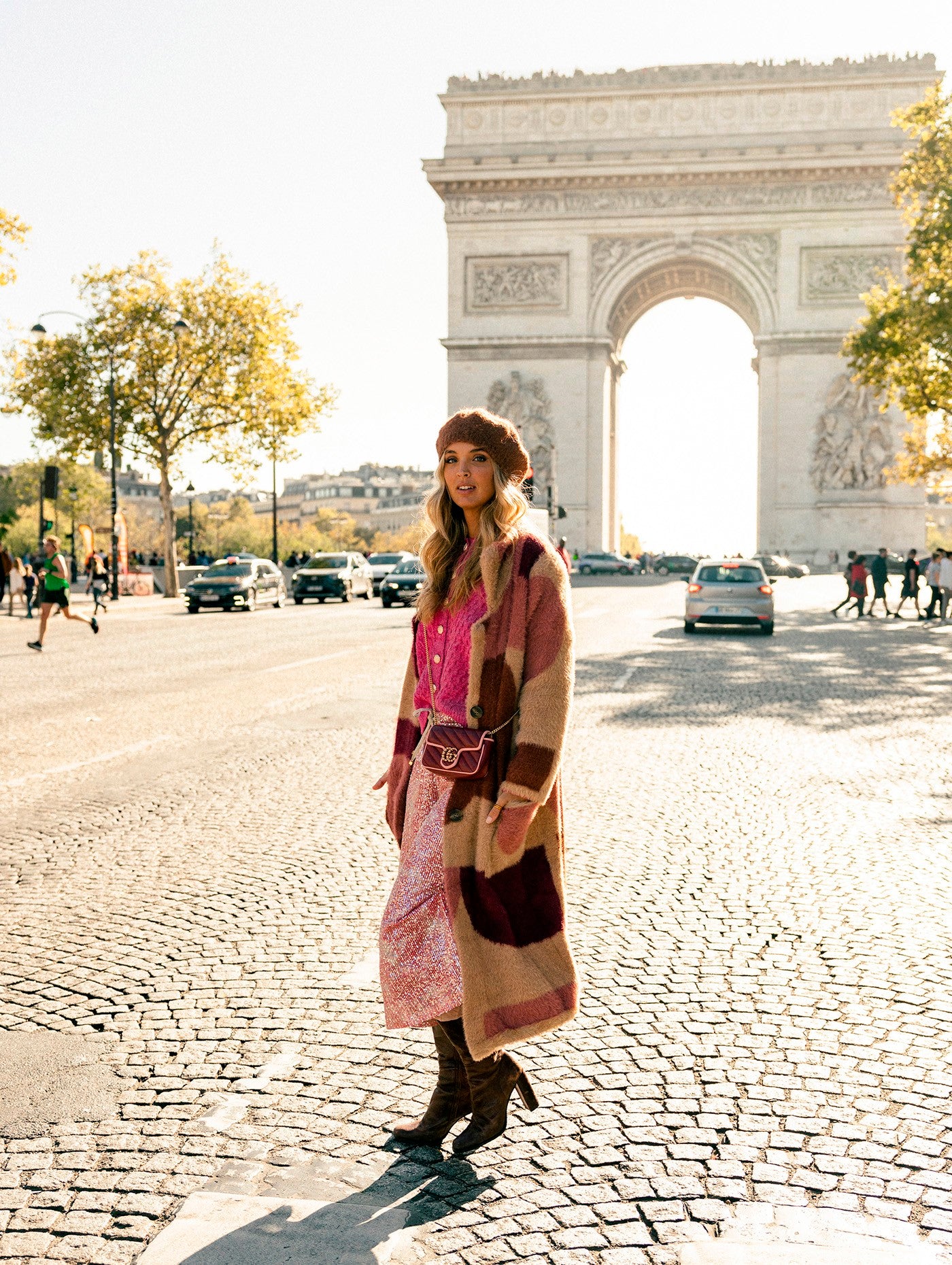 Pink abstract print knitted long coat