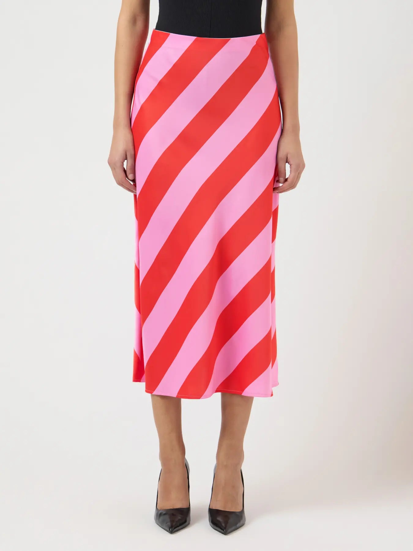 YASPELLA midi satin red and pink striped skirt