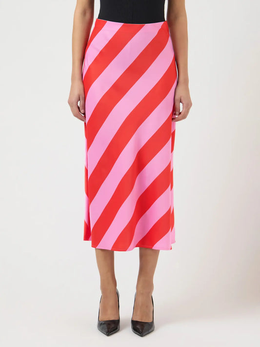 YASPELLA midi satin red and pink striped skirt
