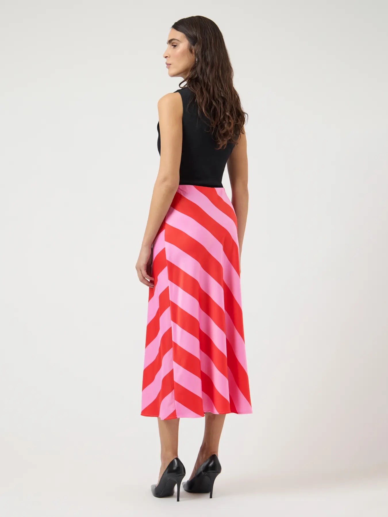 YASPELLA midi satin red and pink striped skirt