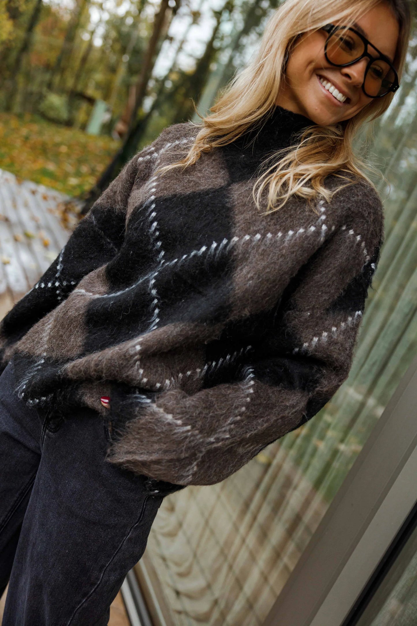 Fluffy Argyle black & brown polo jumper