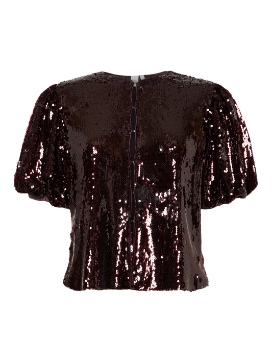 YASROYALINA BURGUNDY WET LOOK SEQUIN TOP