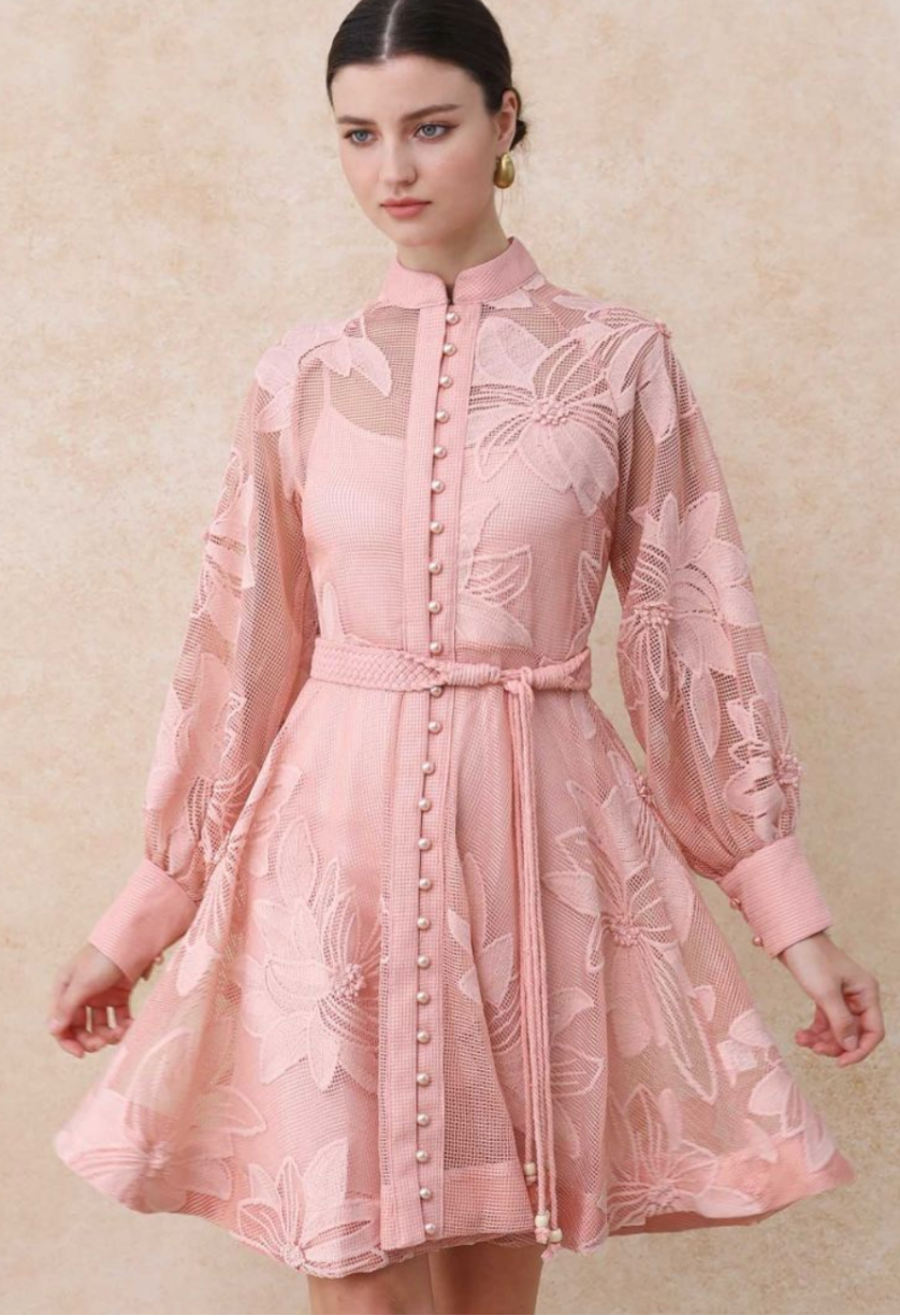Donna peachy pink lace mini dress