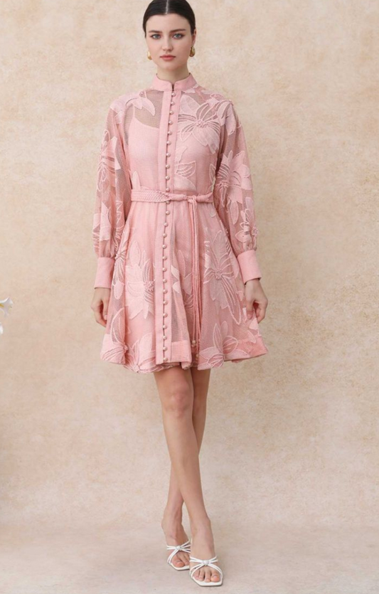 Donna peachy pink lace mini dress