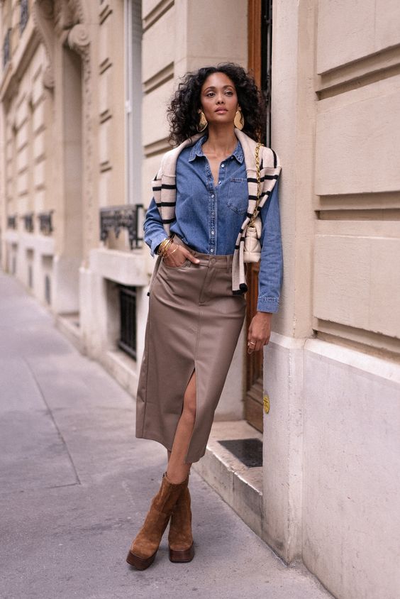Taupe Mid-length leather skirt with slit