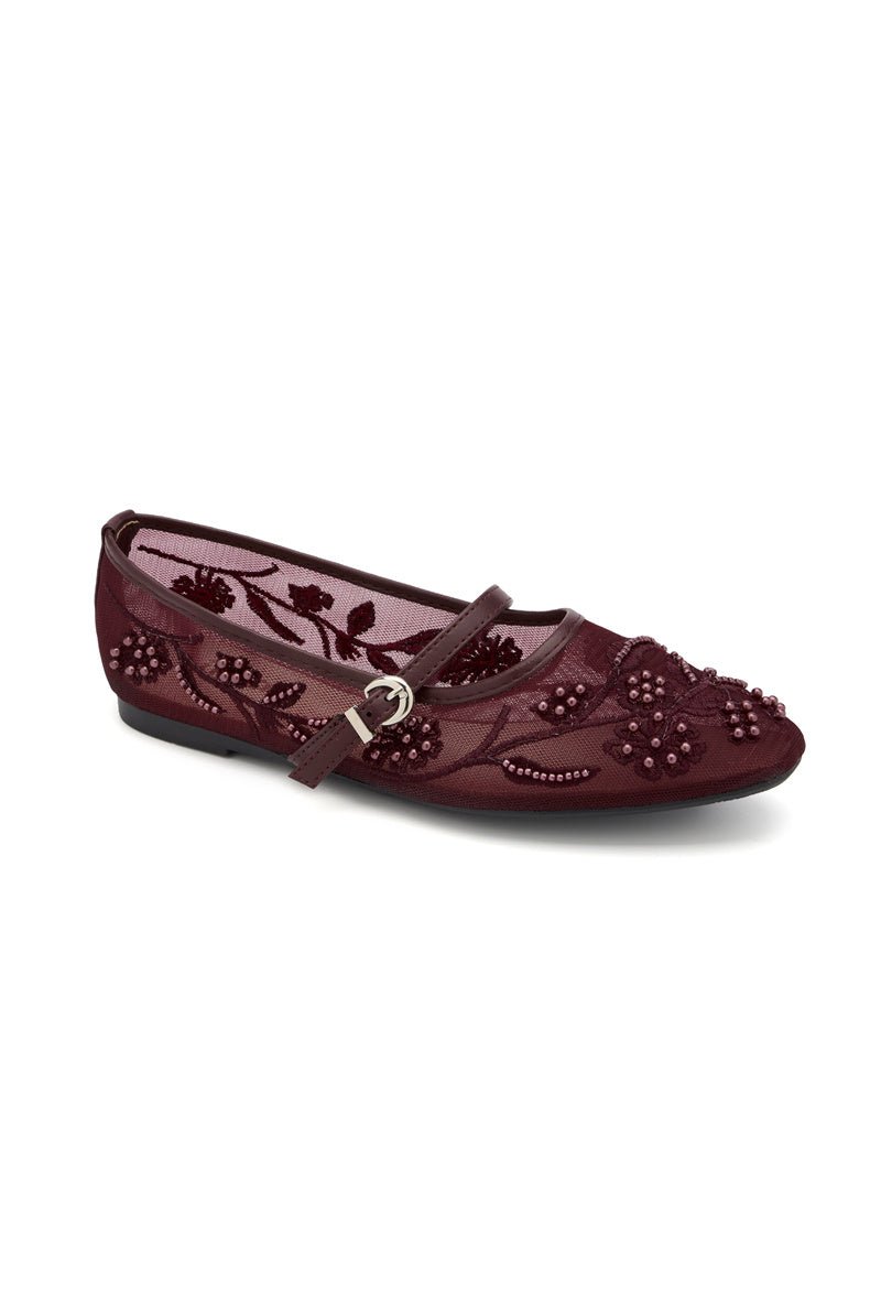 Burgundy pearl embellished mesh flat pumps