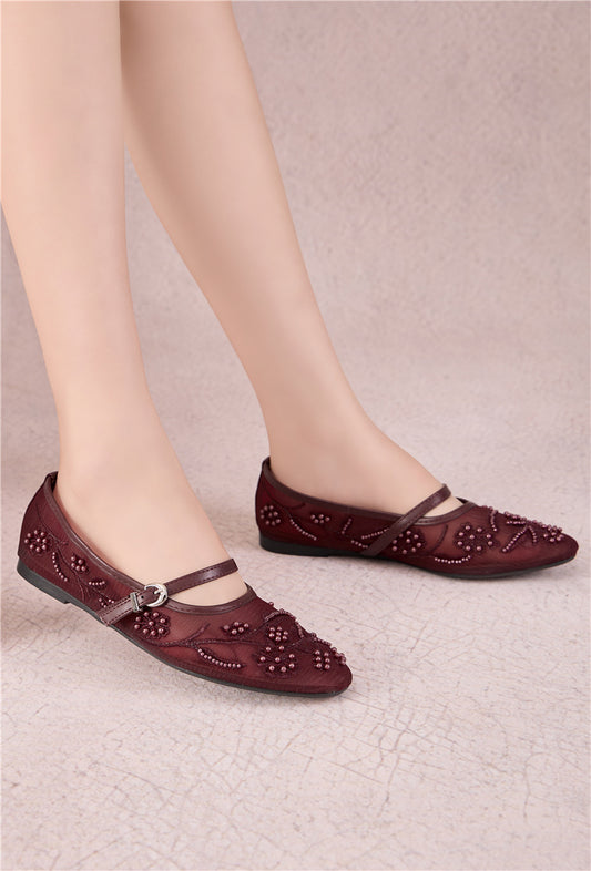 Burgundy pearl embellished mesh flat pumps