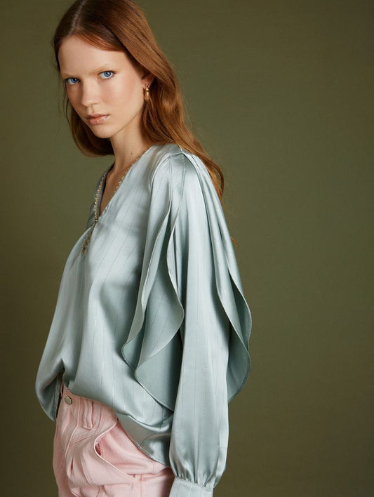 Powder blue satin volume sleeve blouse