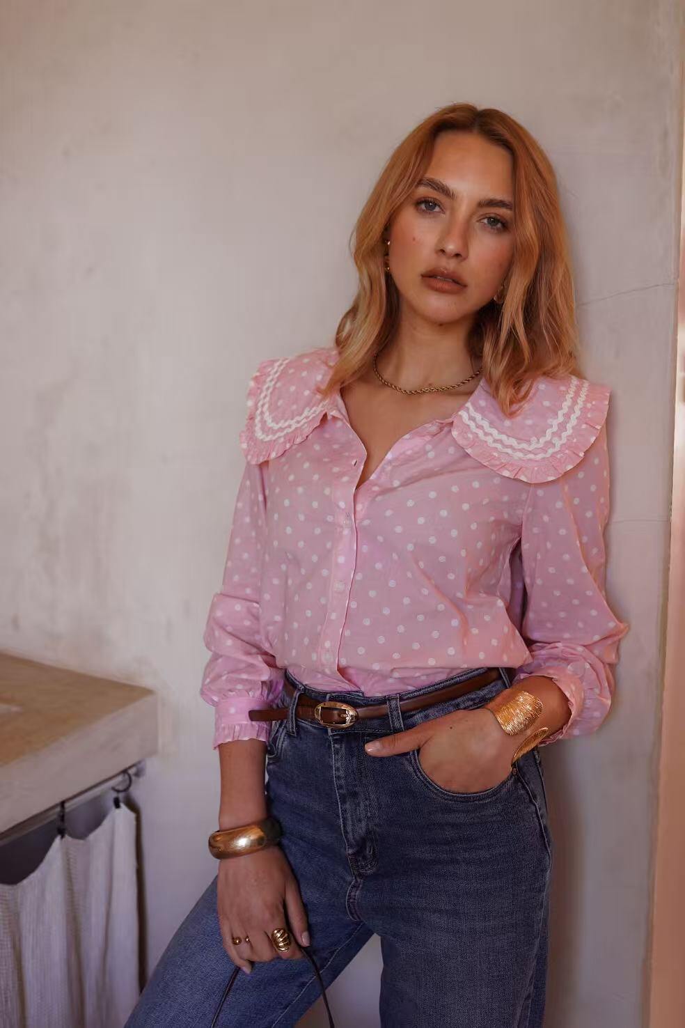 Amber pink polka dot peter pan collar shirt