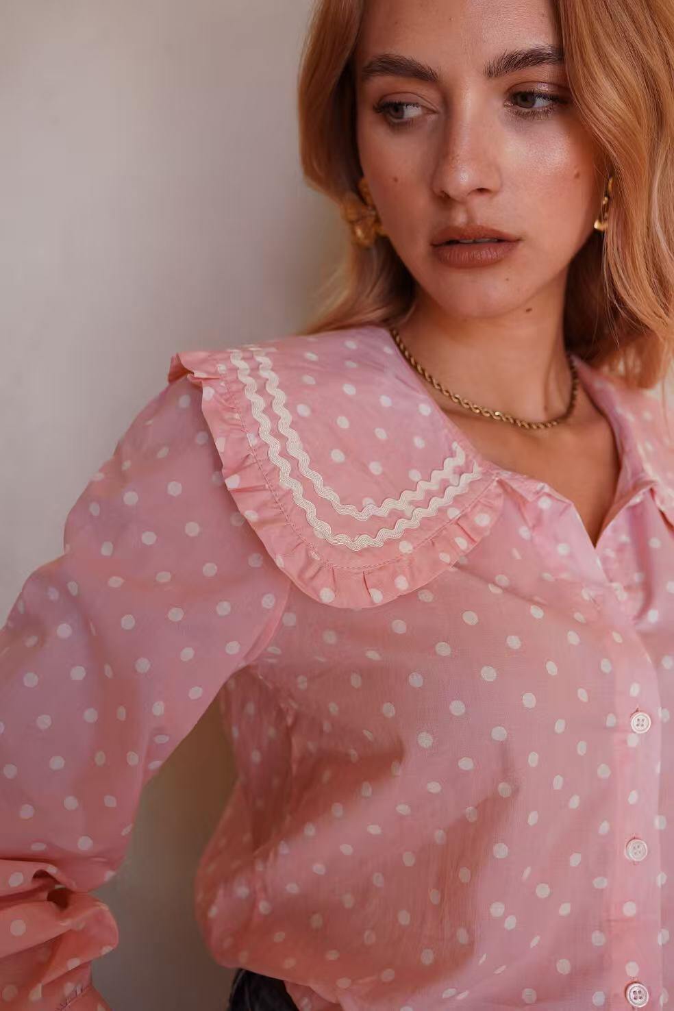 Amber pink polka dot peter pan collar shirt