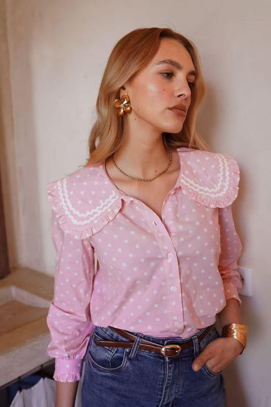 Amber pink polka dot peter pan collar shirt