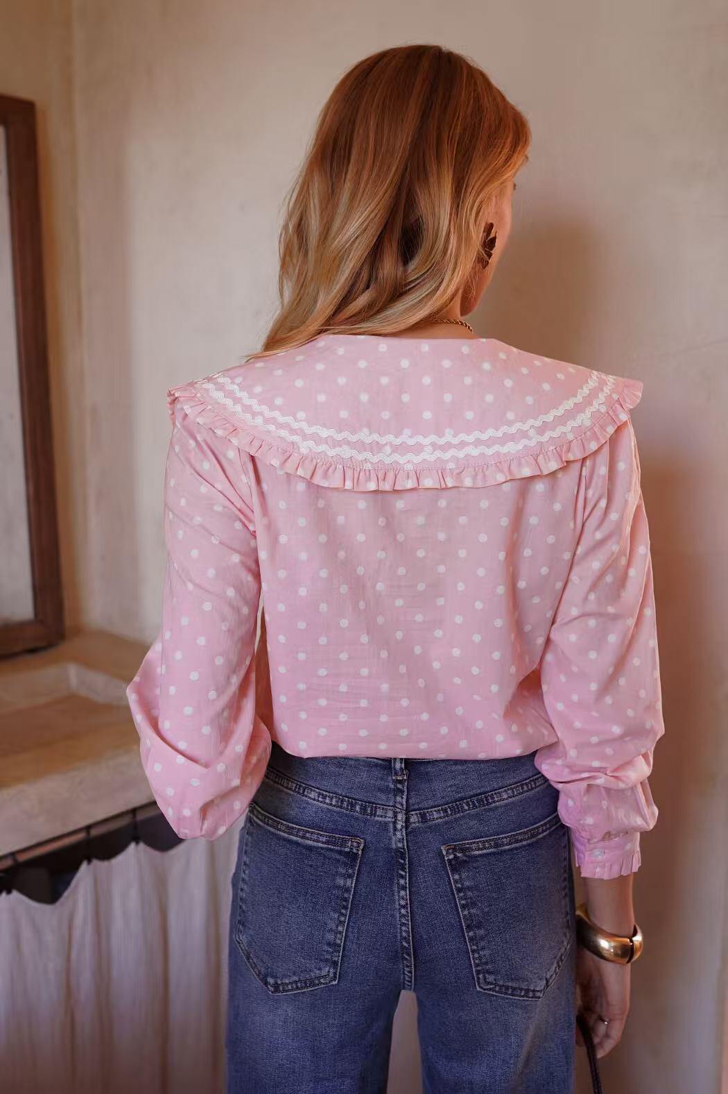Amber pink polka dot peter pan collar shirt