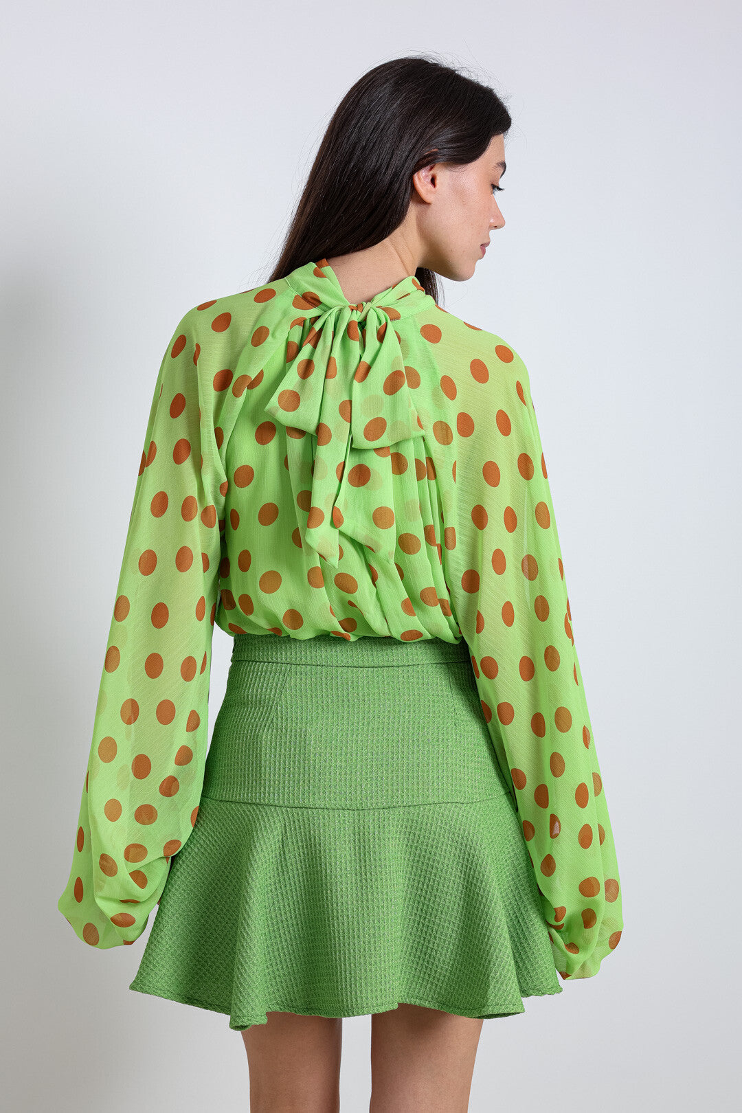 Green polka dot balloon sleeve top