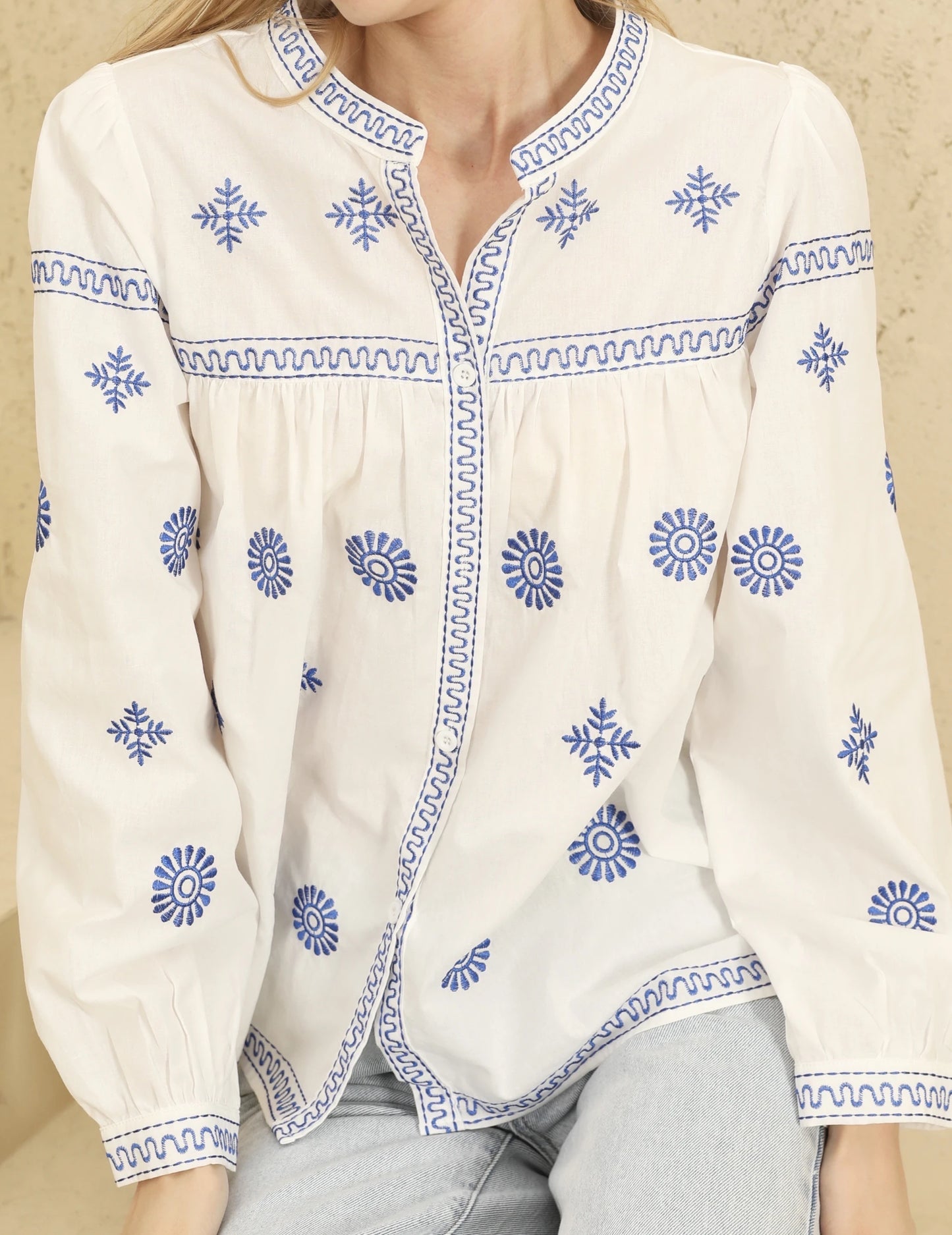 Tara embroidered blue and white blouse