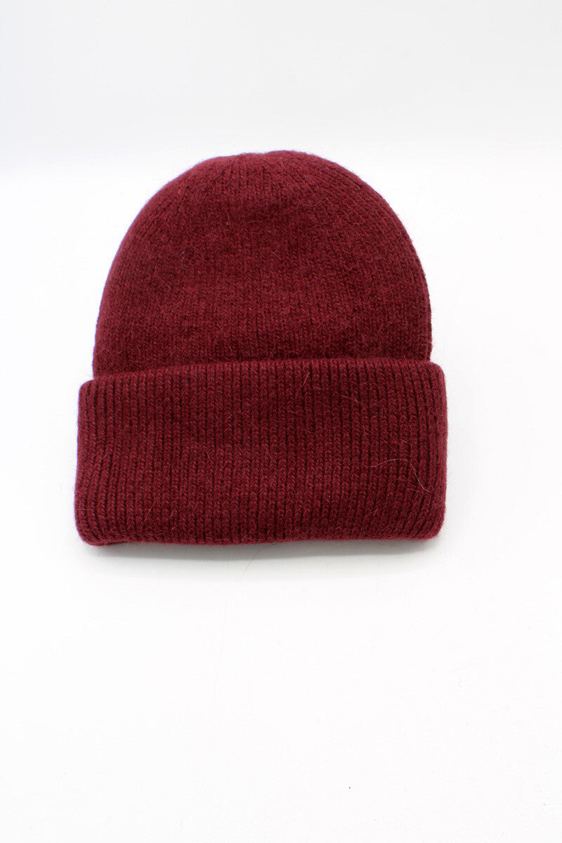 Burgundy fluffy beanie hat