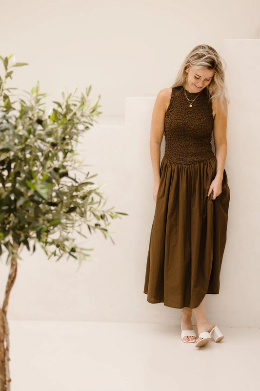 Mila ruched cotton brown dress