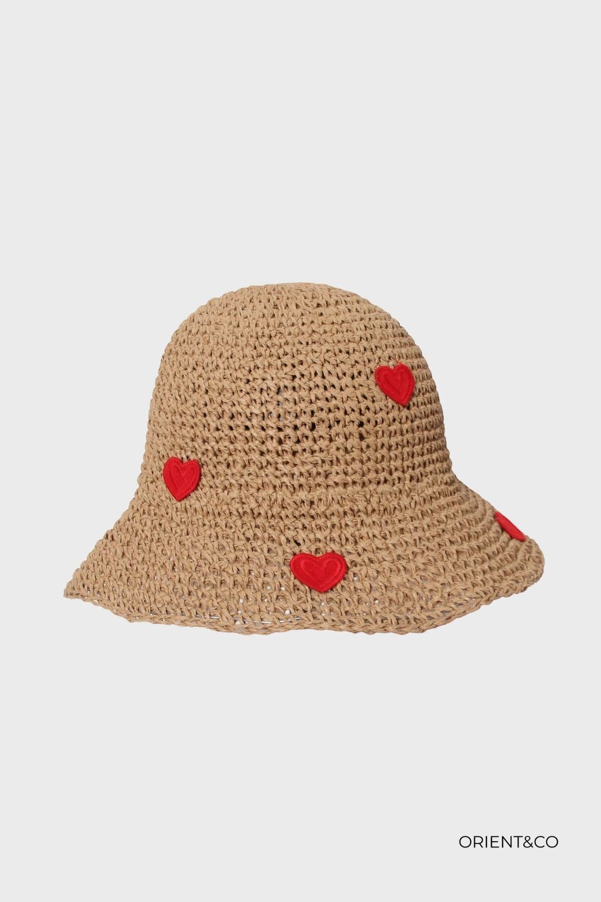 Red heart straw bucket hat