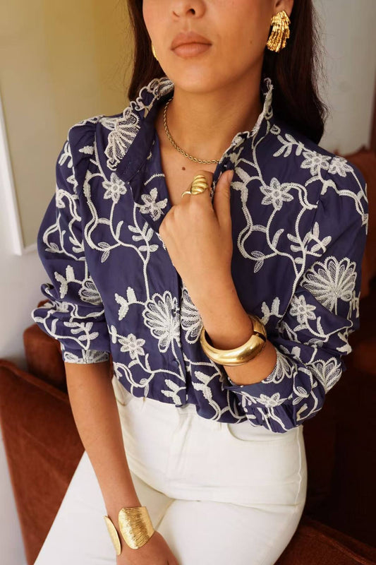 Farrah high collar embroidered navy blouse