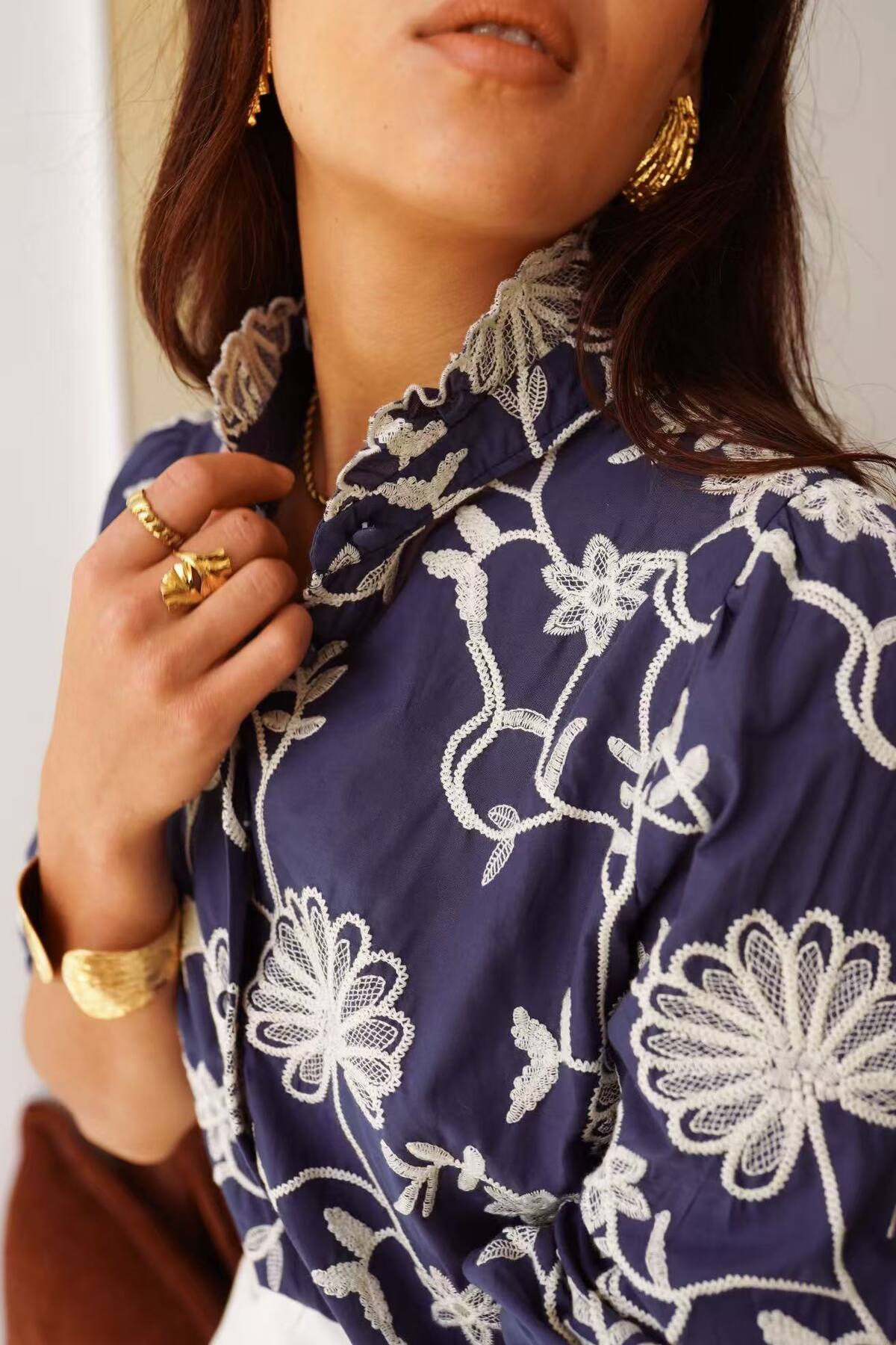 Farrah high collar embroidered navy blouse