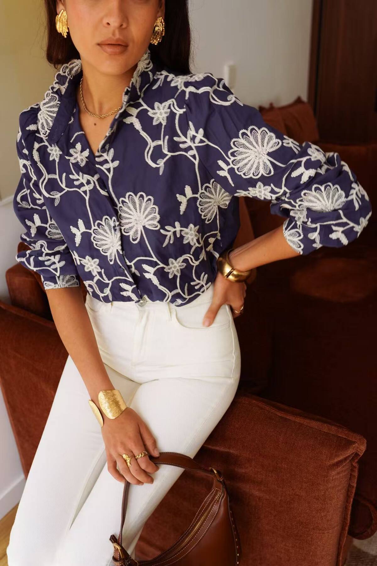 Farrah high collar embroidered navy blouse