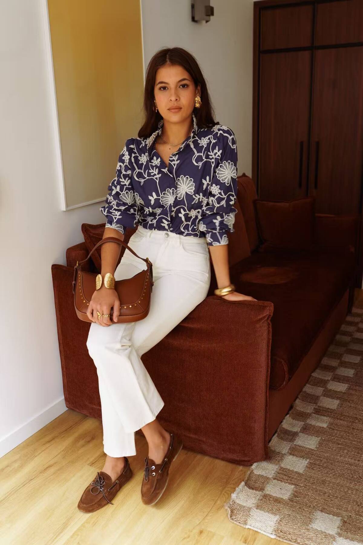 Farrah high collar embroidered navy blouse