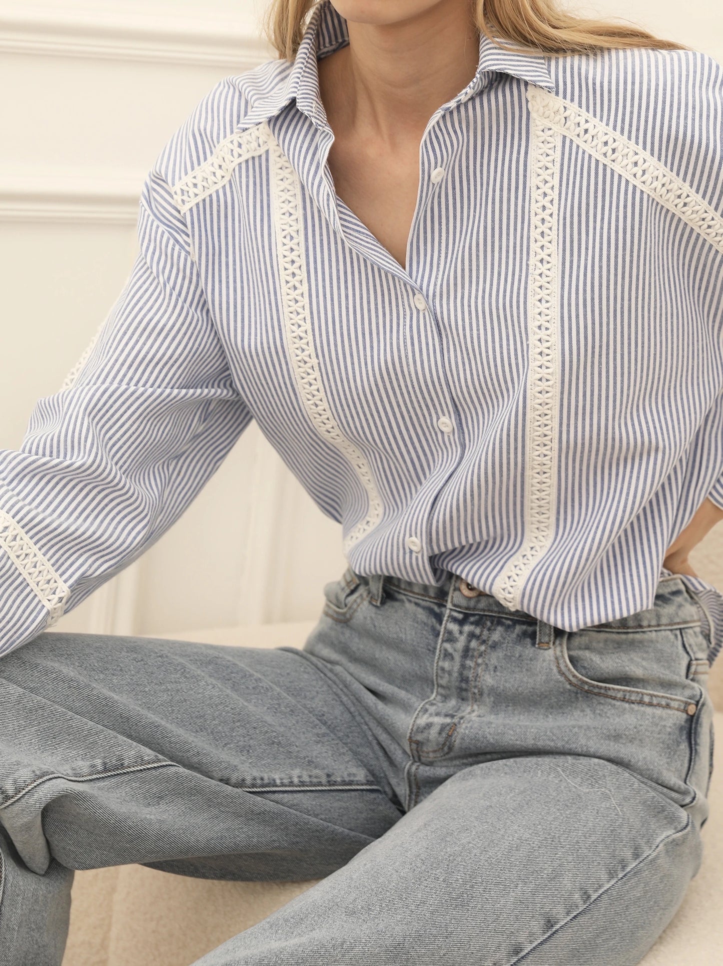 Lauren cotton embroidered striped blouse