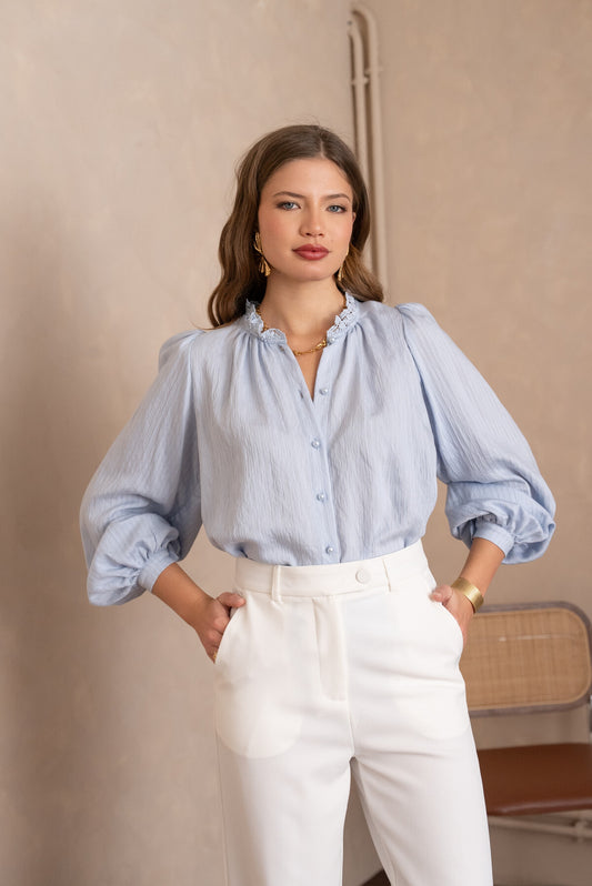 Chloe powder blue victorian blouse with pearl buttons