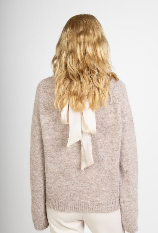 Lotus taupe soft knit jumper with satin bow