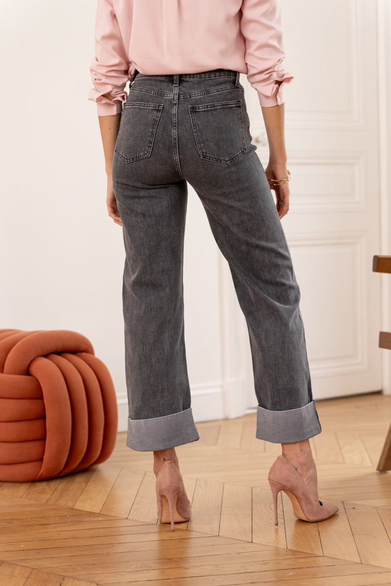 Grey wash turn up wide leg jeans