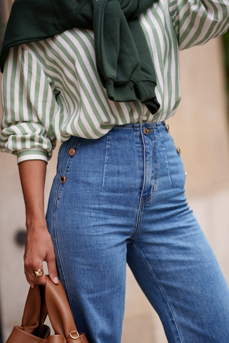 Wide leg blue jeans with front buttons