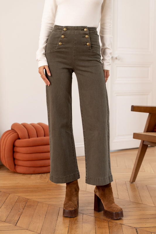 Khaki wide leg jeans with front gold buttons